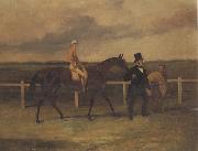 Harry Hall Mr J B Morris Leading his Racehorse 'Hungerford' with Jockey up and a Groom On a Racetrack china oil painting reproduction